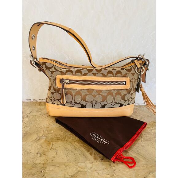 Vtg COACH signature canvas tan fabric convertible shoulder bag 9363 Y2K - Picture 2 of 10